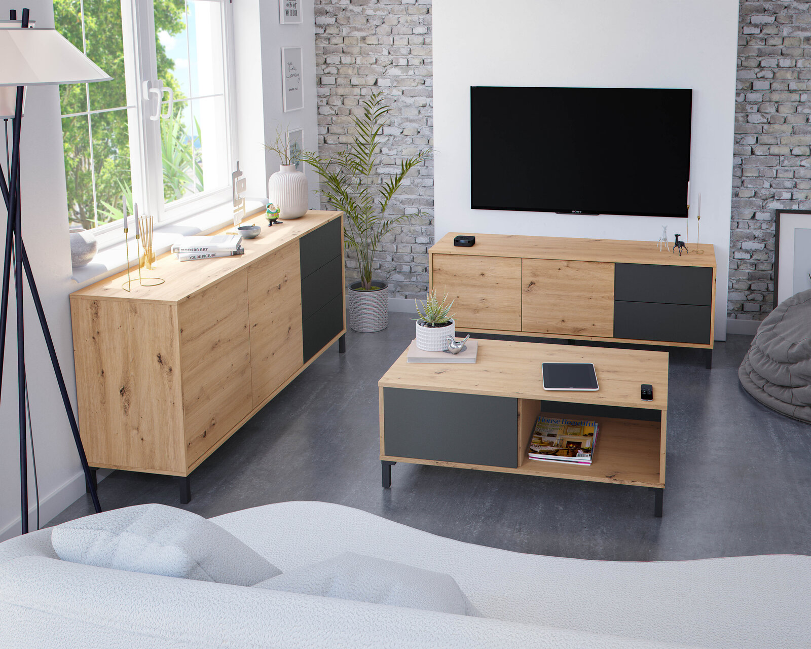 Aparador Iris 2 puertas y 3 cajones roble y gris antracita 154 cm con envío a Ourense