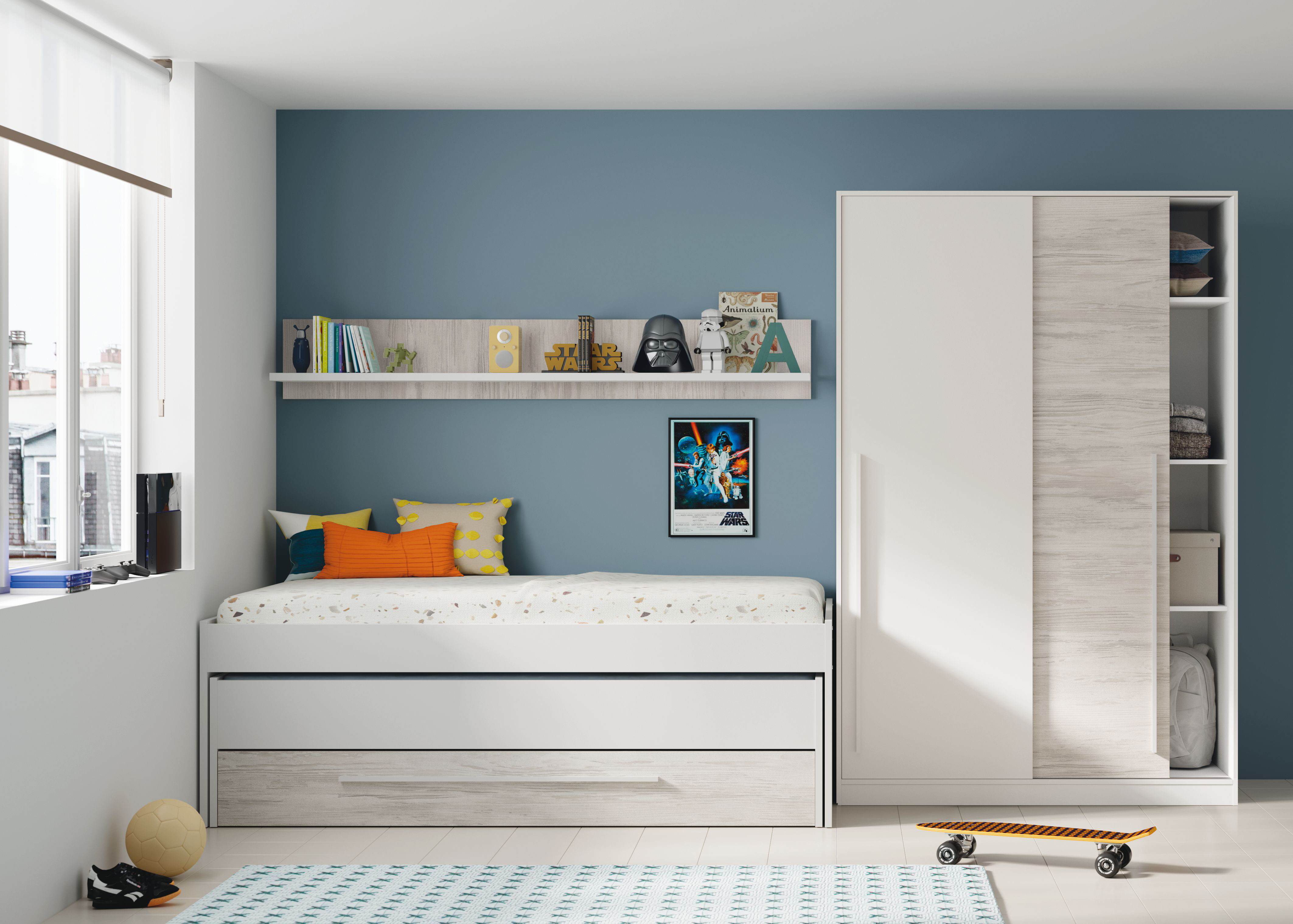 Muebles nórdicos en Ourense: Cama nido Solveig con cajón y estante blanco nórdico 90 x 190 cm