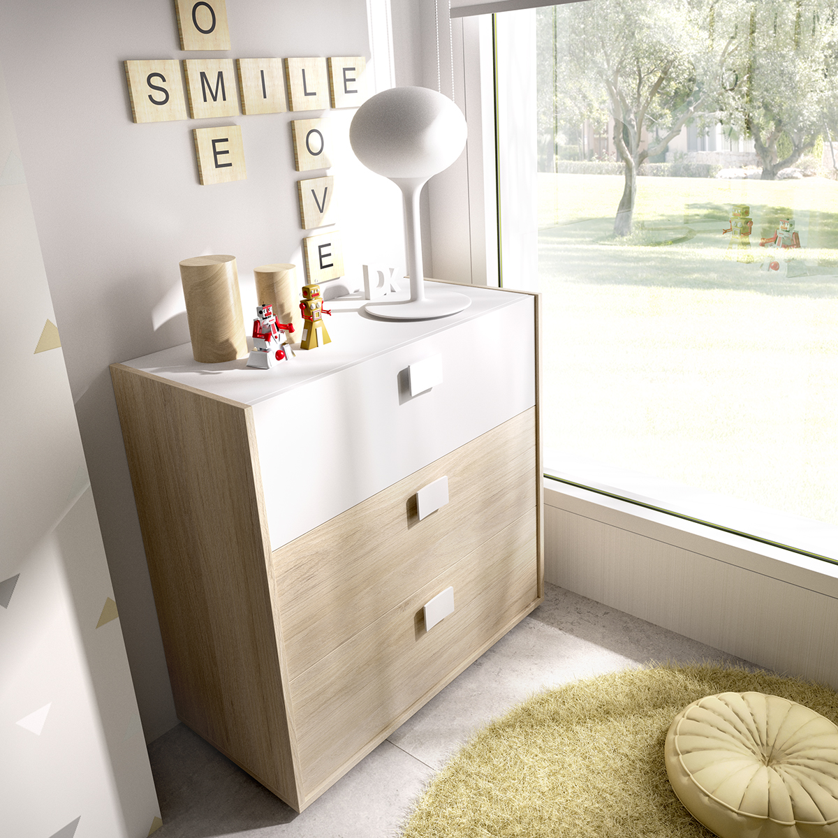 Comoda 3 cajones 80x81 natural y blanco con envío a Cuenca