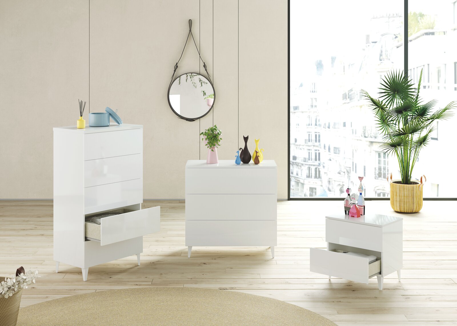Cómoda Iselin 3 cajones con patas blanco brillo 80 cm con envío a Benidorm