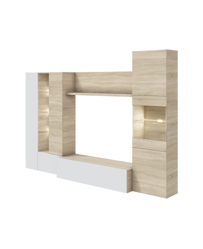 Salón modular Magnus blanco brillo y roble nórdico 260 cm