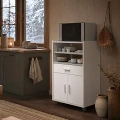 Mueble de microondas Felix 1 cajón y 2 puertas blanco nórdico y cemento 59 cm