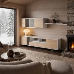Mueble TV Jorid blanco brillo y roble nórdico 200 cm