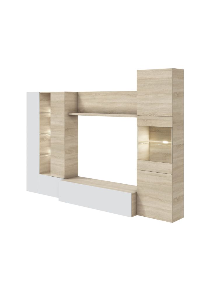 Salón modular Magnus blanco brillo y roble nórdico 260 cm