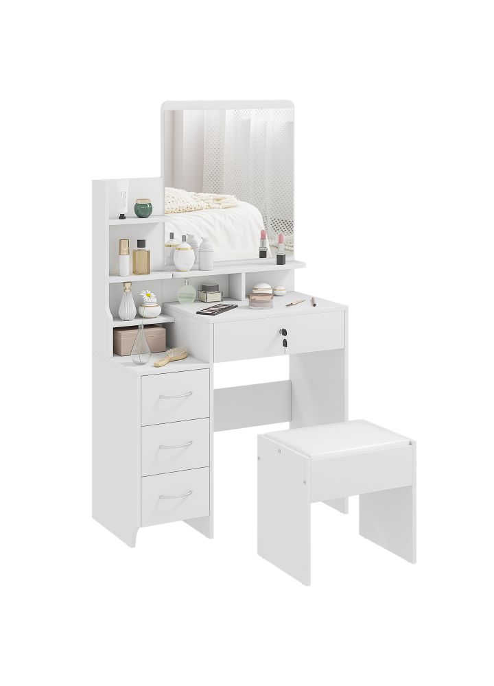 Tocador Kristiansand Moderno 4 Cajones Taburete Blanco