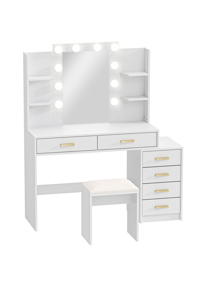 Tocador Kristiansand LED Taburete 6 Cajones Blanco