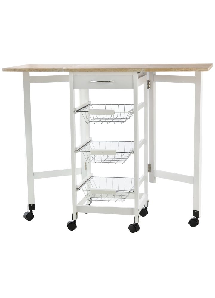 Carrito Cocina Porvoo Plegable 6 Ruedas Blanco y Roble