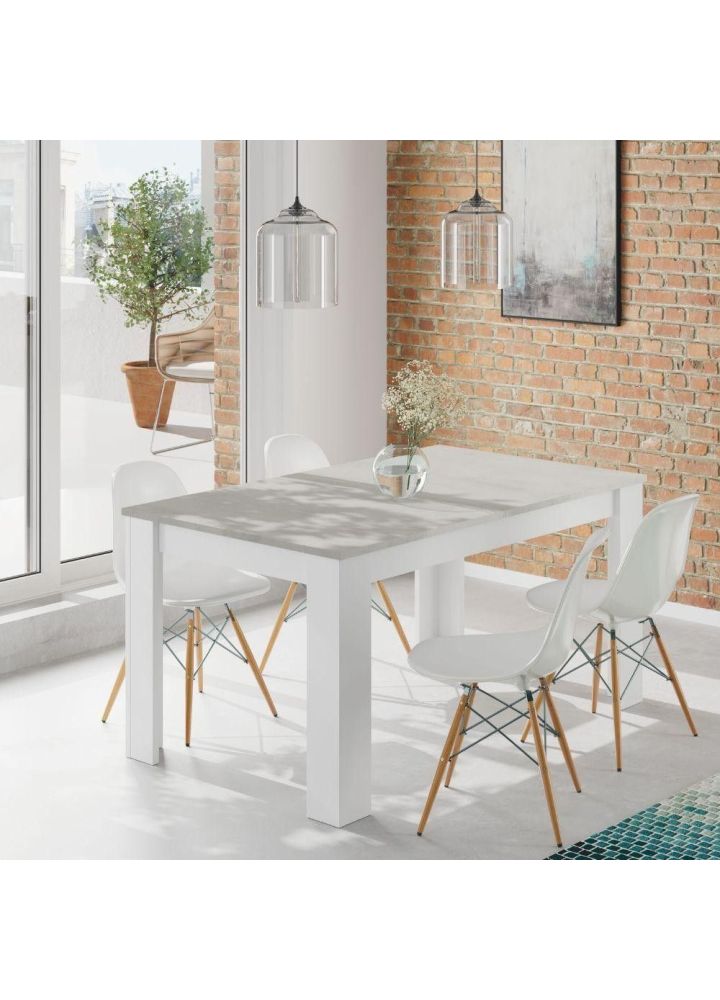 Mesa de comedor extensible Hamar blanco y cemento 140-190 x 78 x 90 cm