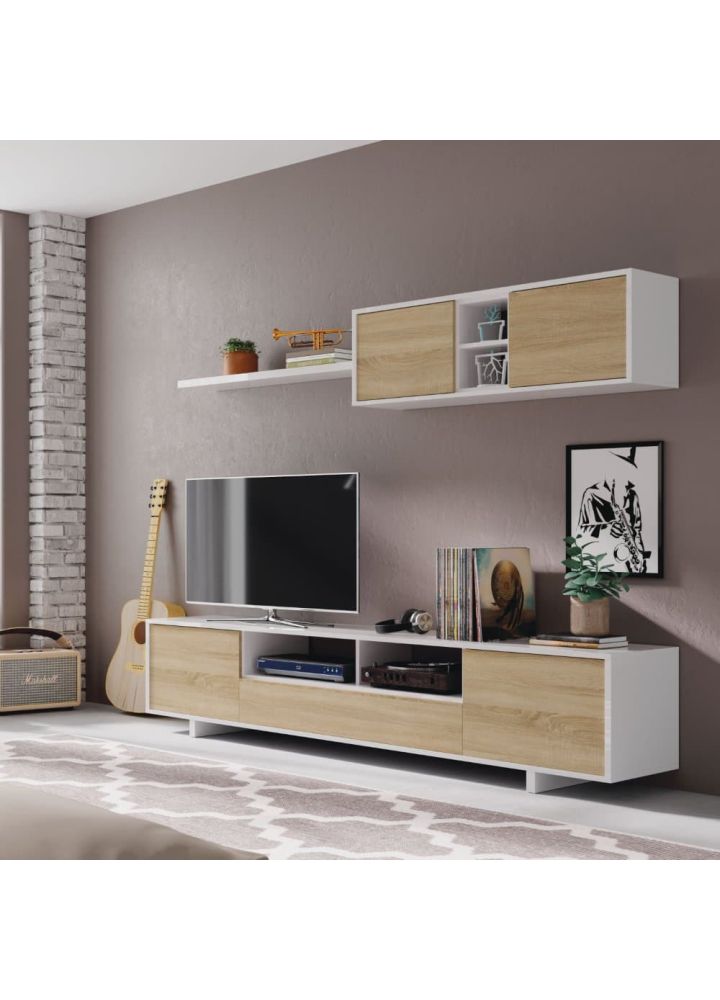Mueble de salón modular Folke blanco y roble 200 x 41 cm