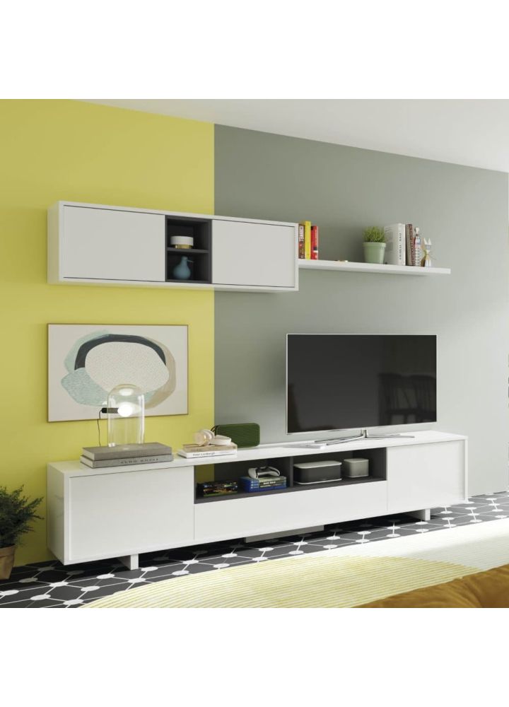 Mueble de salón modular Njord blanco brillo y antracita 200 x 41 cm