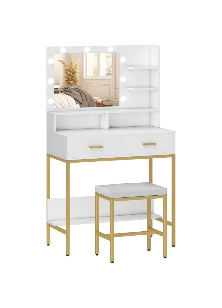 Tocador Kristiansand Luz Taburete 2 Cajones Blanco