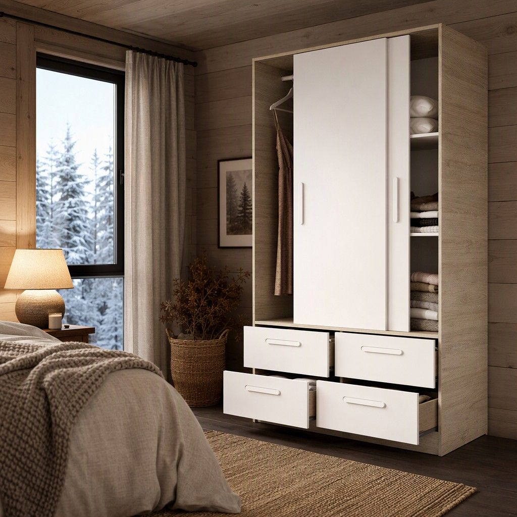 Armario 2 puertas+4 cajones 120x204 natural y blanco