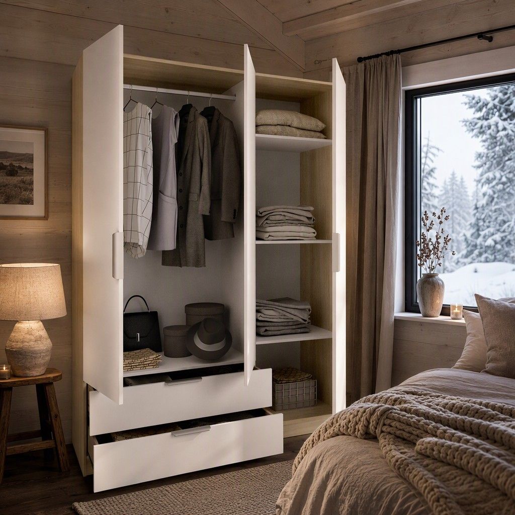 Armario 3 puertas + 2 cajones 137x204 roble y blanco