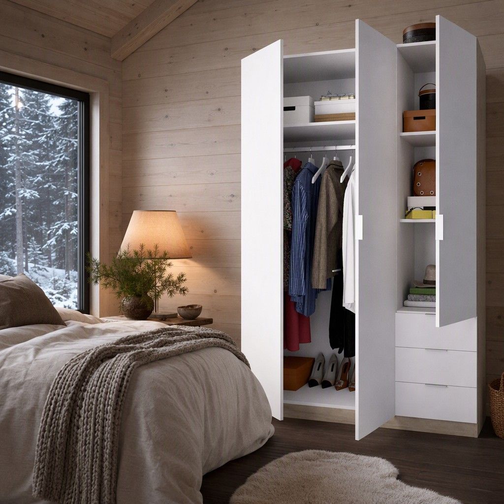 Armario 3 puertas 3 cajones natural+blanco 121x184 natural y blanco
