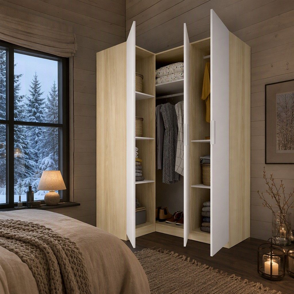 Armario rincon 3 puertas 142x204 roble y blanco