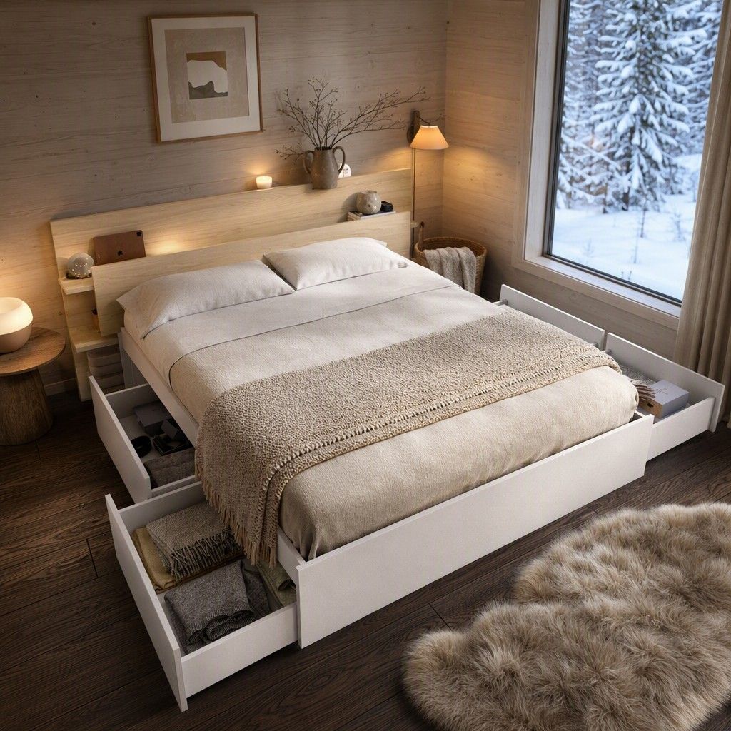 Cabezal cama 150 + cama 4 cajones 181x71 roble y blanco
