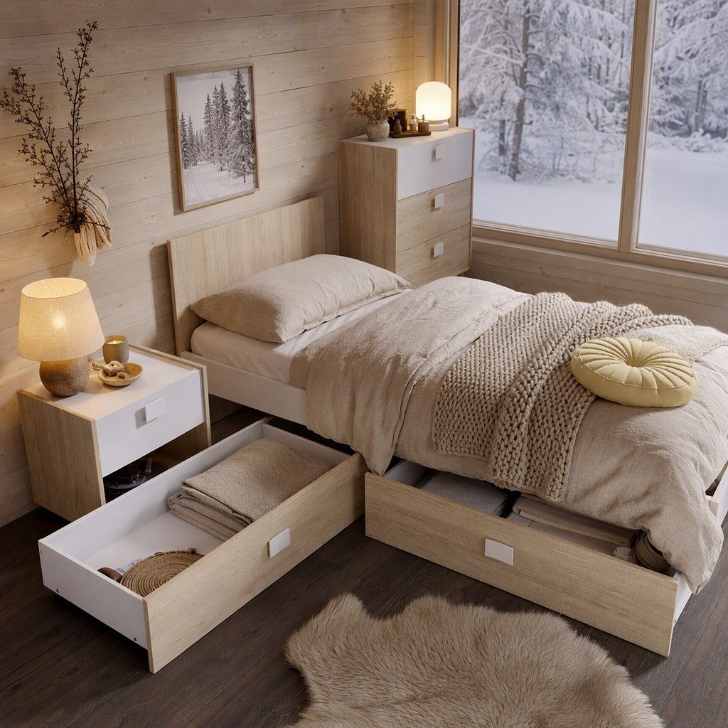 Cama 190x90 + 2 cajones 97x79 natural y blanco