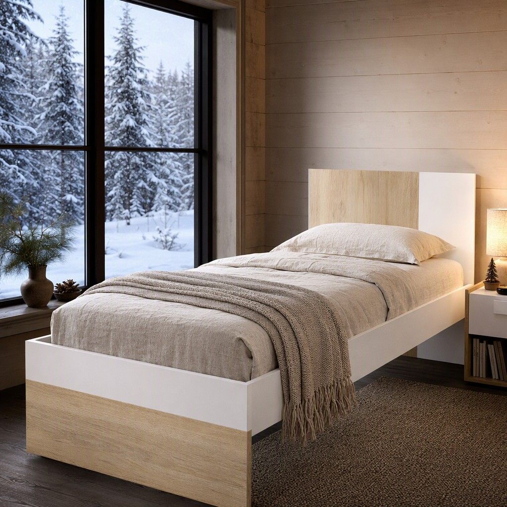 Cama 190x90 + mesita+comoda natural y blanco
