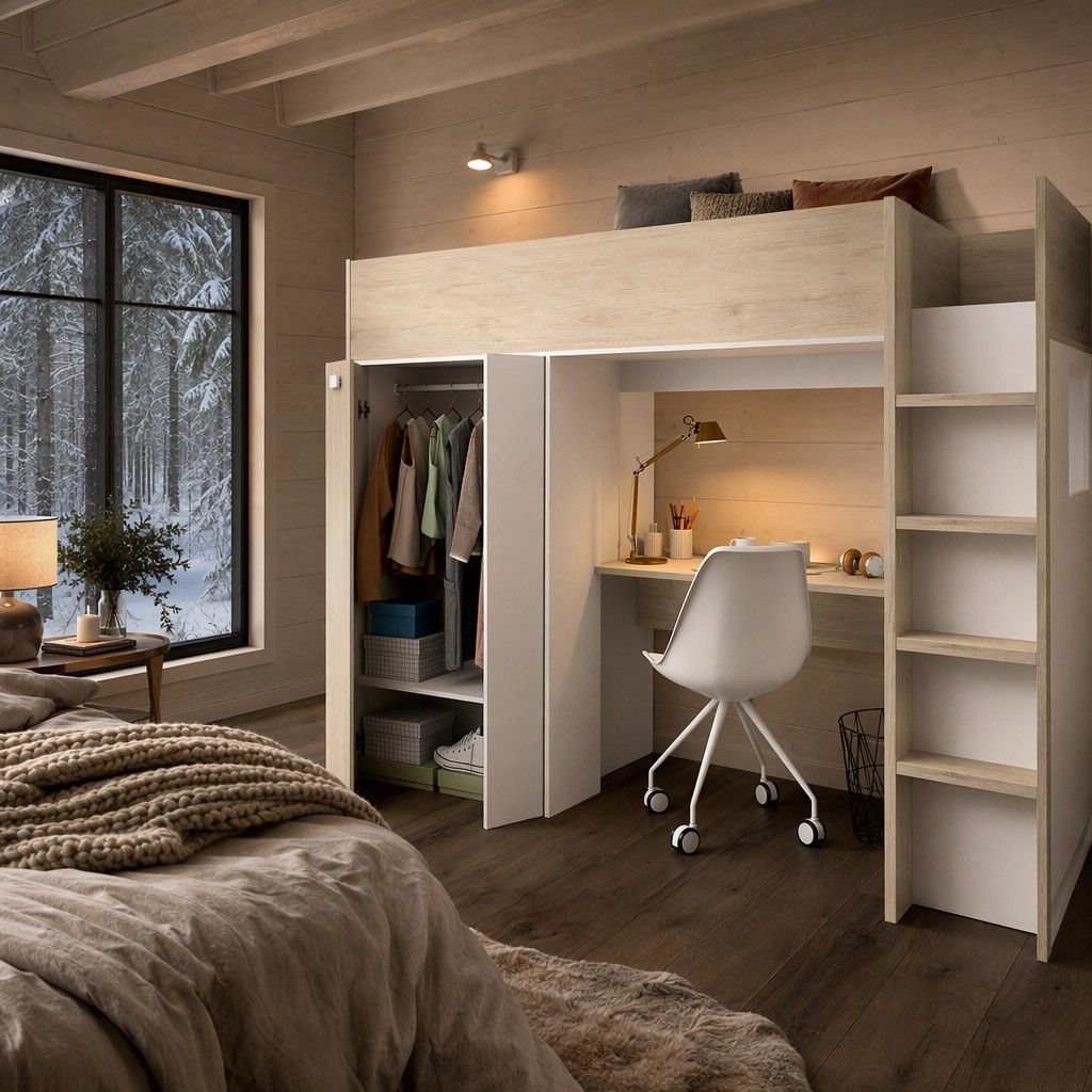 Cama alta 90x200 con mesa estudio y armario 206x178 natural y alistonado y blanco