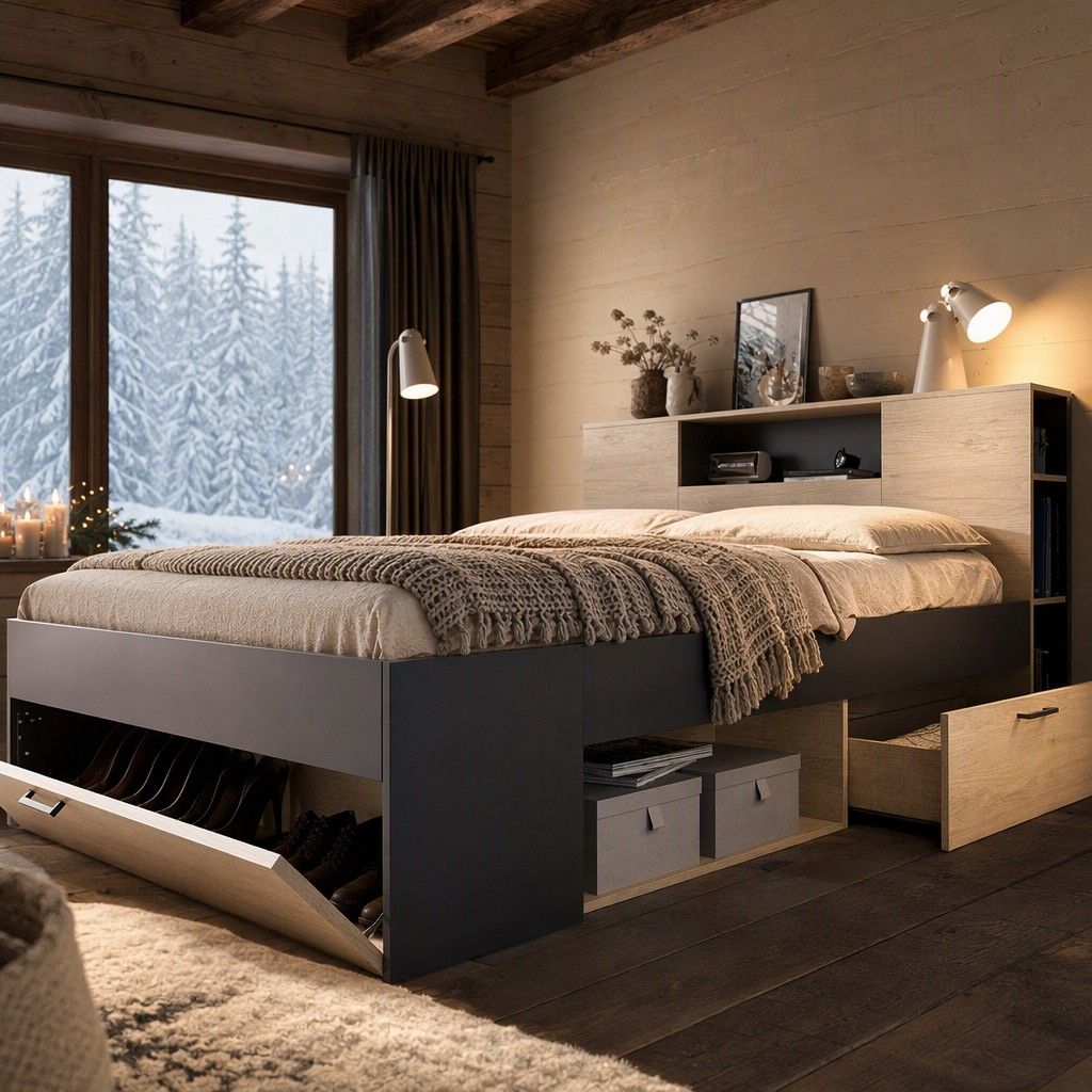 Cama compacta 135/140x190 150x95 grafito y natural