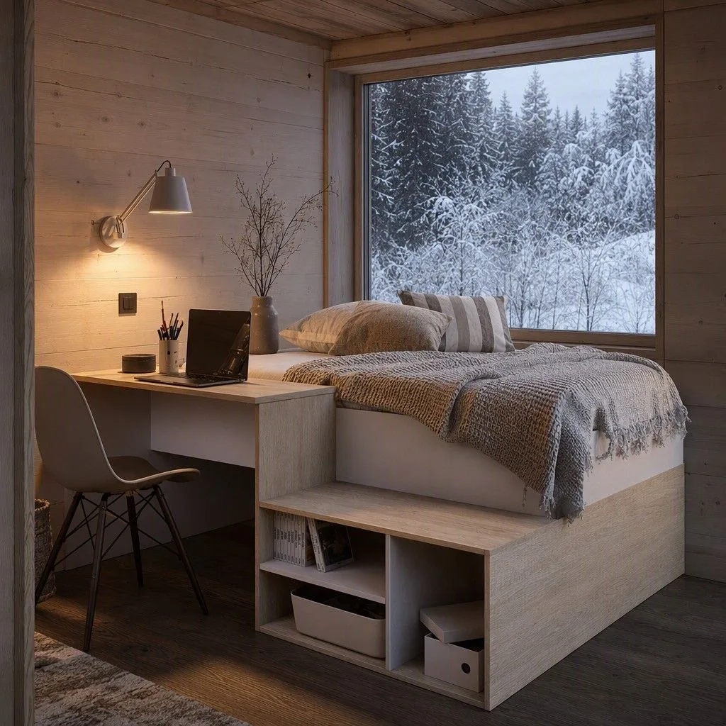 Cama compacta 190x90 con escritorio 134x73 natural y blanco