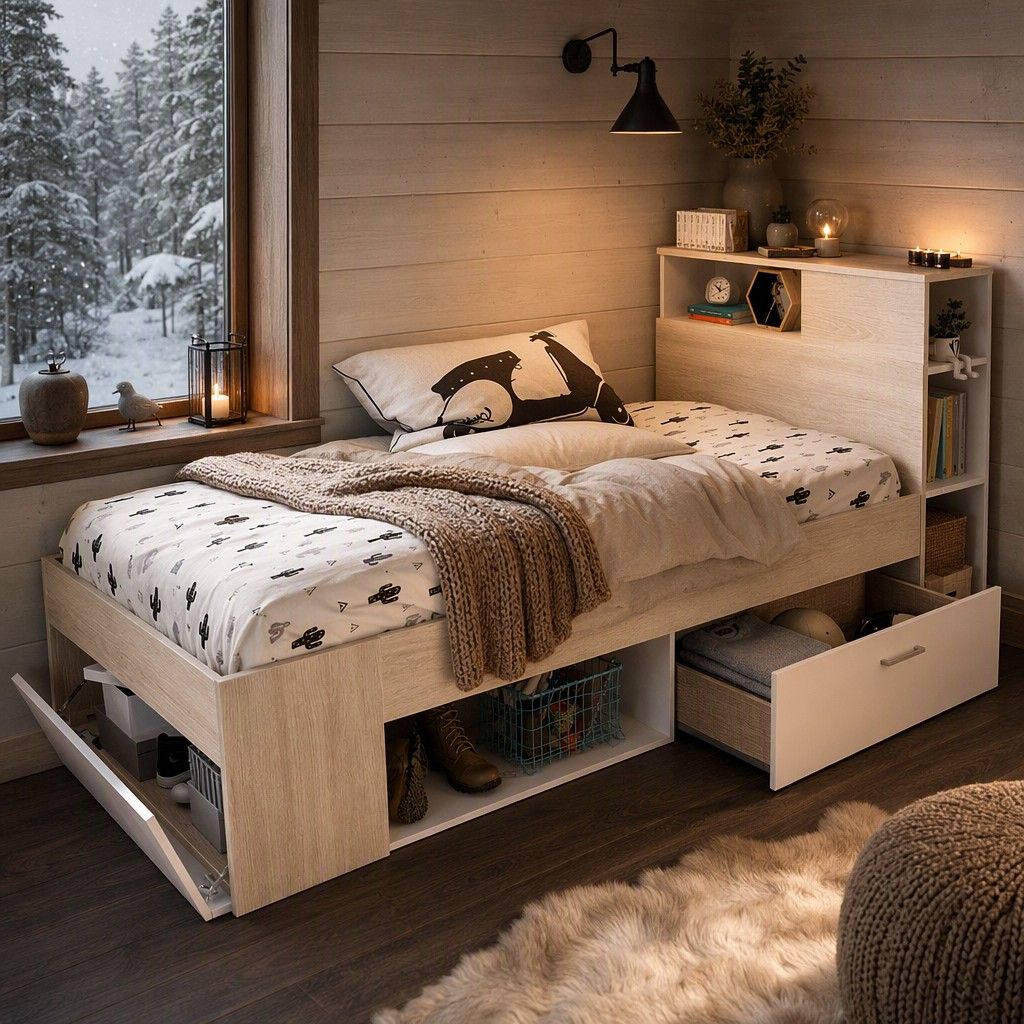 Cama compacta 90x190 218x96 blanco y natural