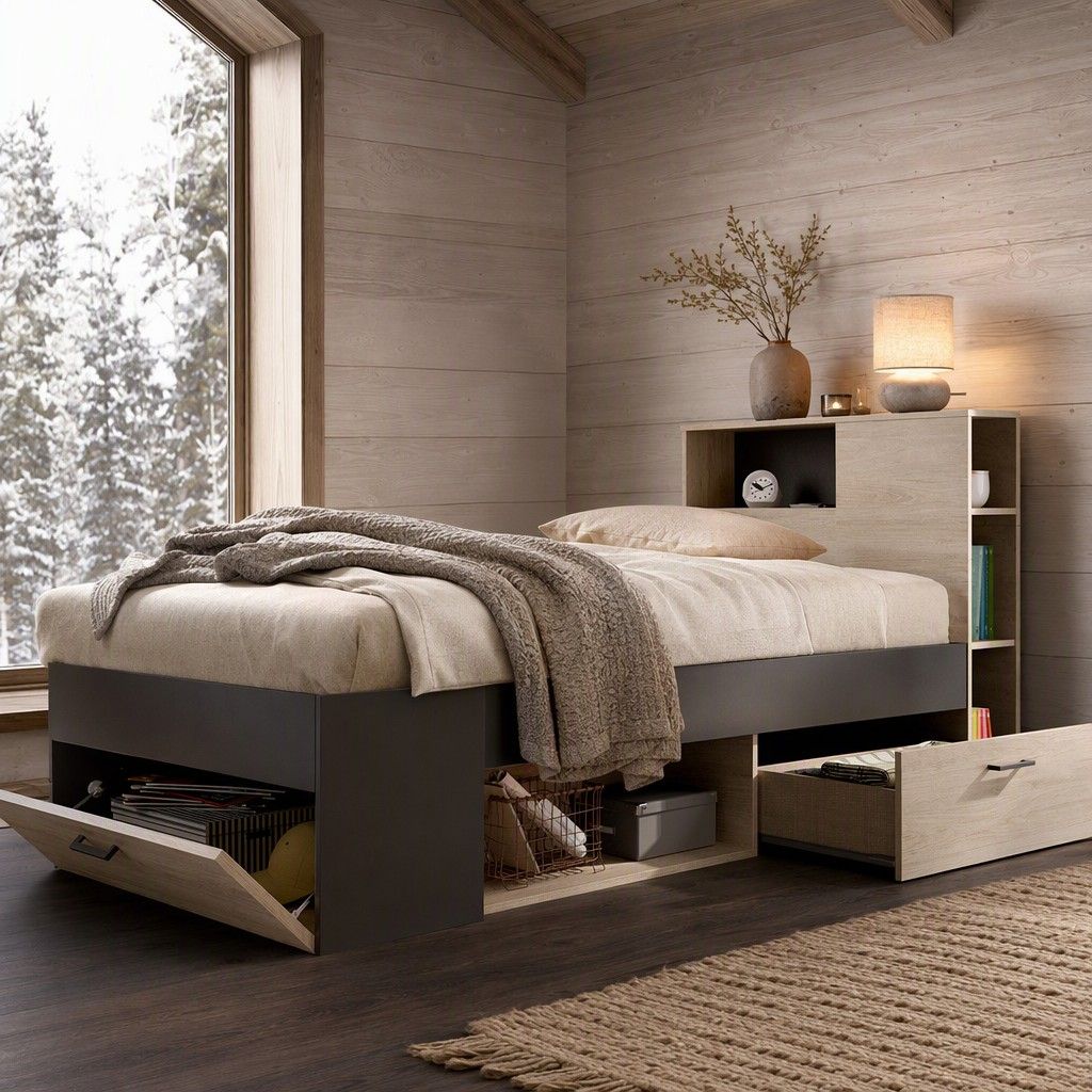 Cama compacta 90x190 218x96 natural y grafito