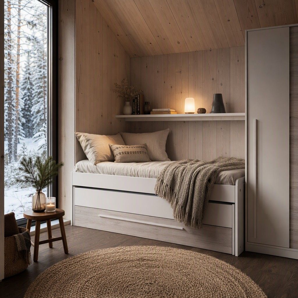 Cama nido Solveig con cajón y estante blanco nórdico 90 x 190 cm