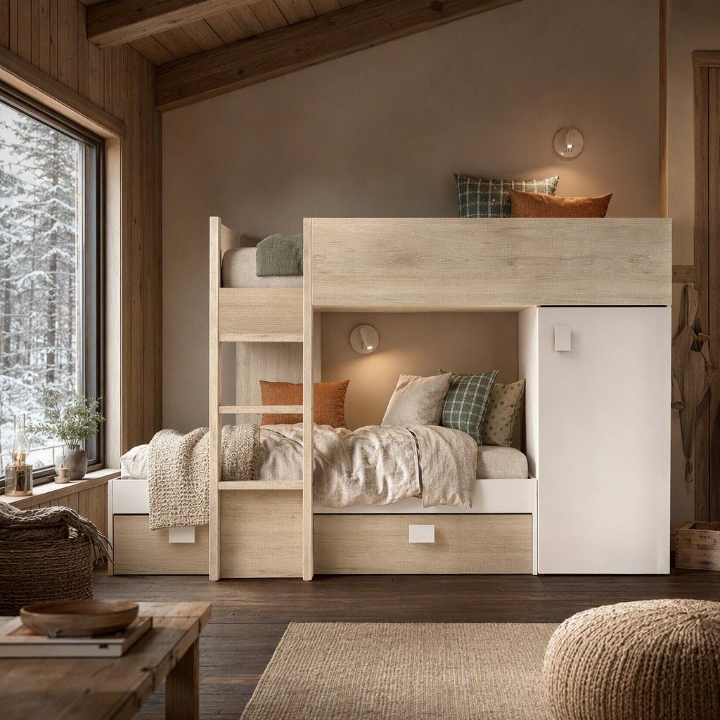 Cama tren 2 camas 90x190 255x150 natural y blanco