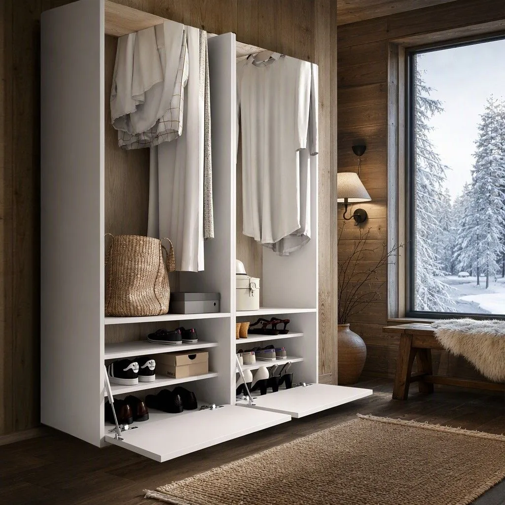 Conjunto armario-vestidor con dos zapateros 120x205 blanco y natural