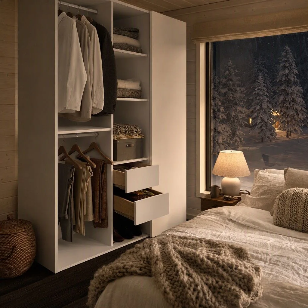 Conjunto armario-vestidor rincon con trasera reversible 84x204 blanco y natural