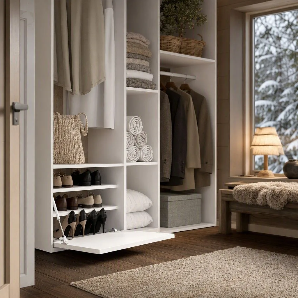 Conjunto armario-vestidor rincon con zapatero,trasera reversible 144x205 blanco y natural