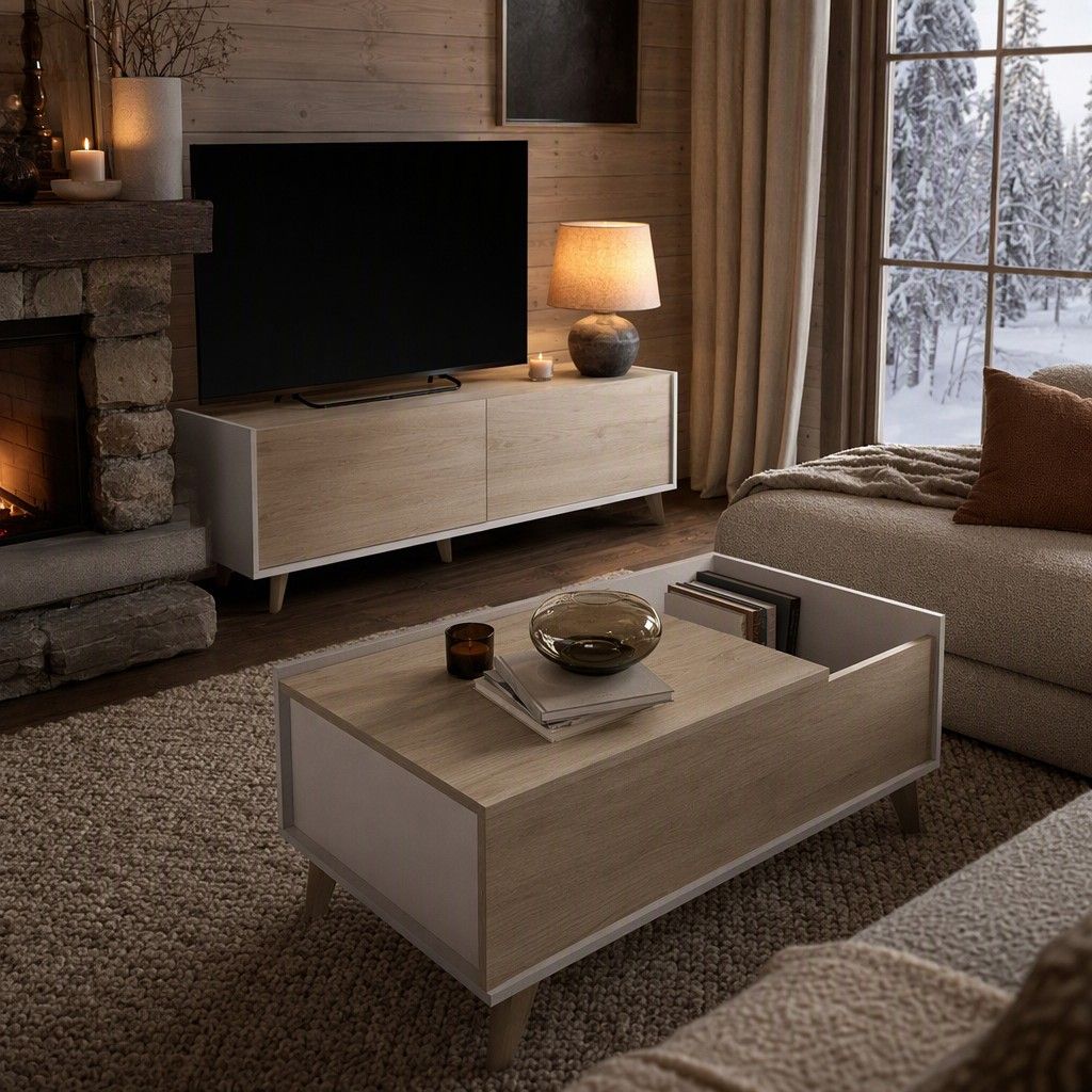 Conjunto de salón TV nórdico composición 6 blanco y natural