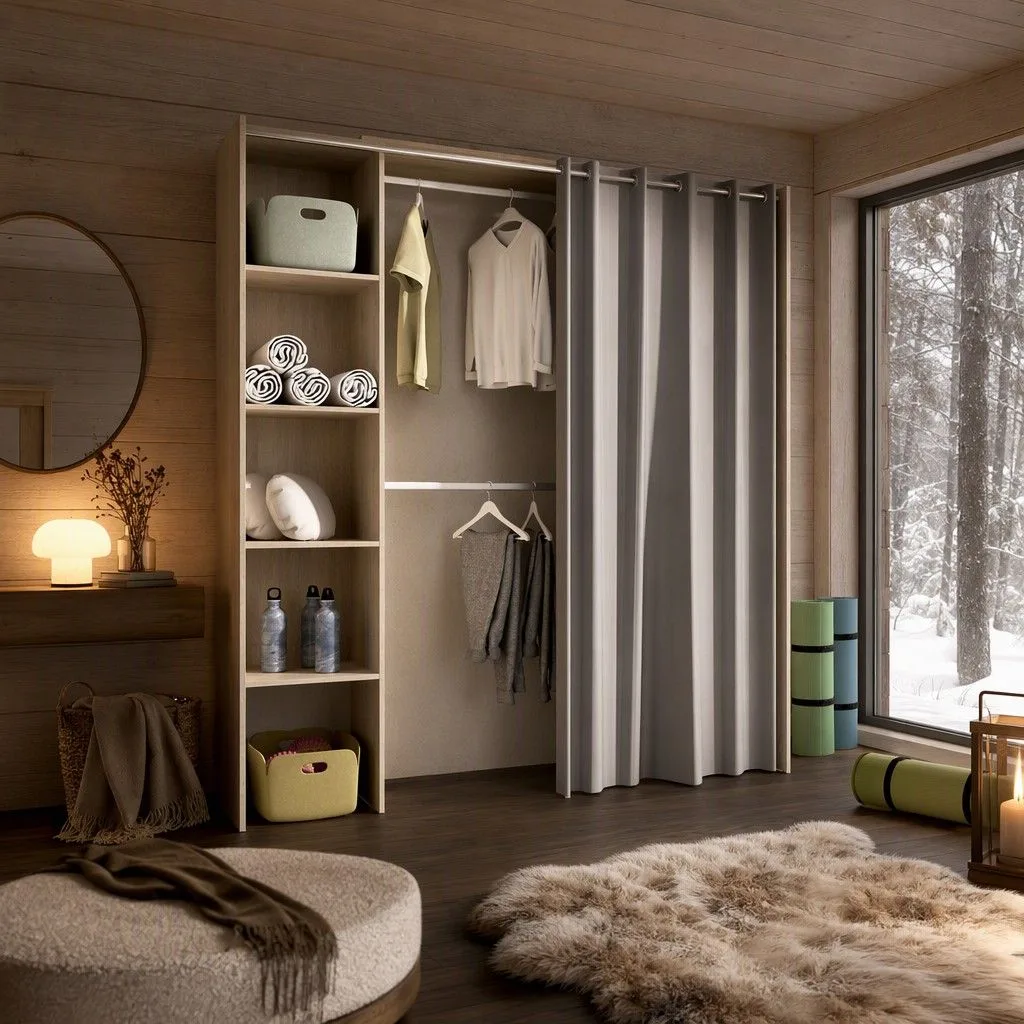 Kit vestidor 2 columnas con cortina, ancho adaptable 177x205 natural