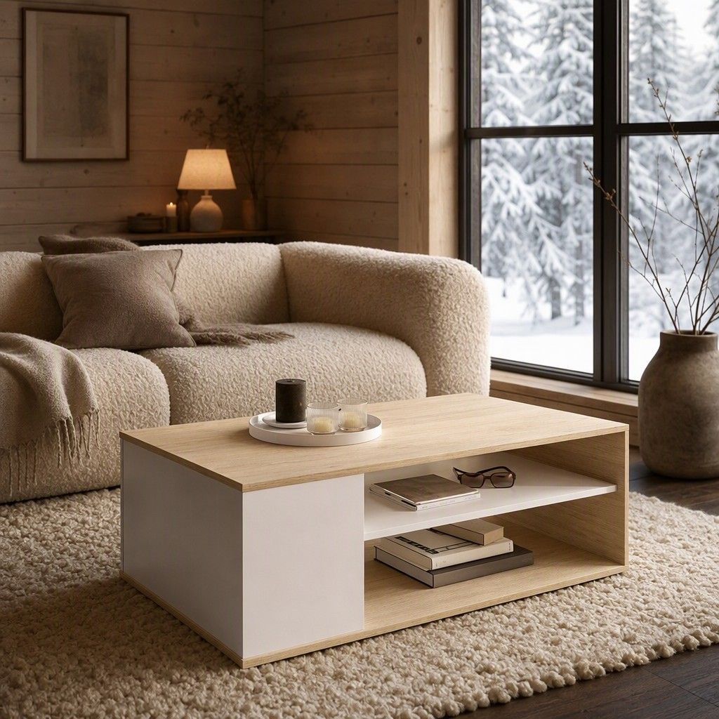 Mesa centro sobre elevable 100x42 natural y blanco