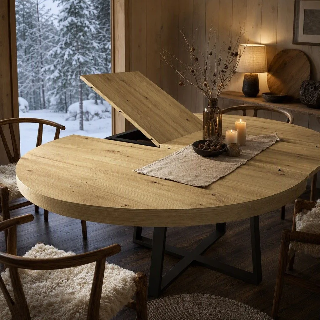 Mesa comedor extensible 110 redonda patas metalicas roble claro