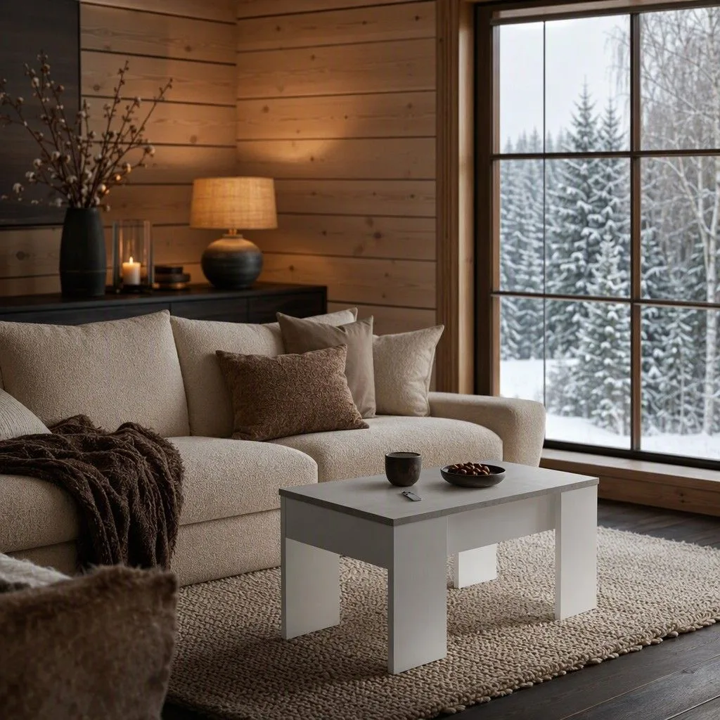 Mesa de centro elevable Edda cemento y blanco nórdico 100 cm