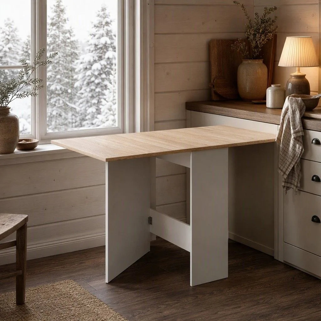 Mesa de cocina con alas abatibles Ranveig roble nórdico y blanco 140 cm