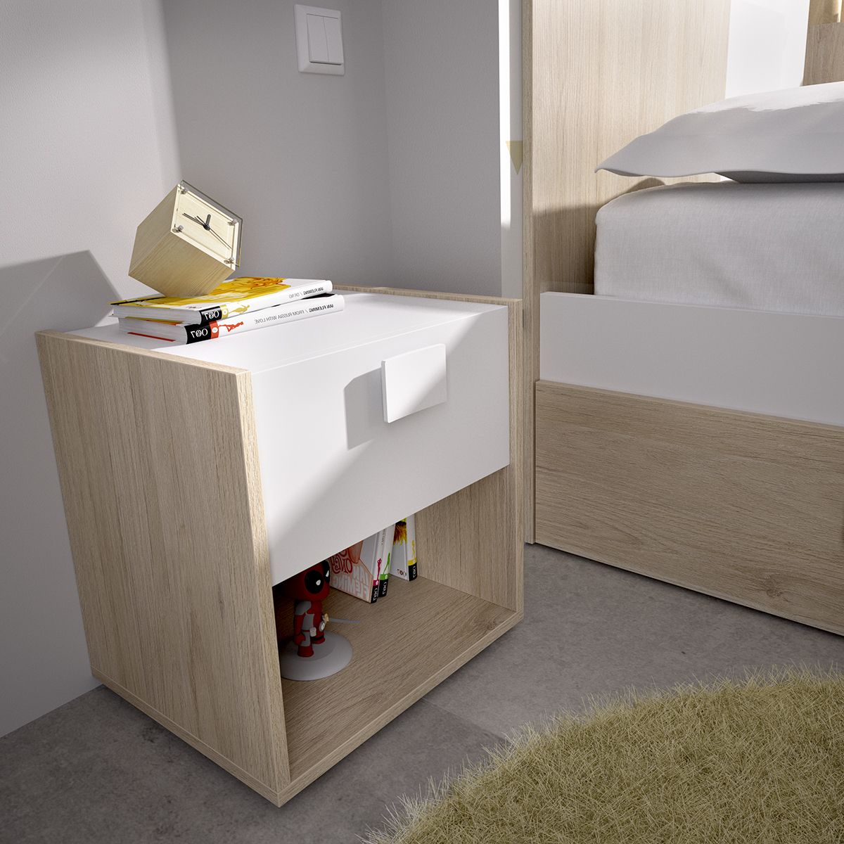 Mesita 1 cajon 40x42 natural y blanco