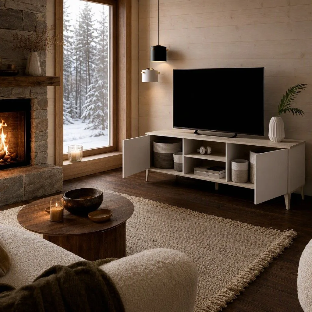 Mueble bajo tv 150 cm 150x48 natural y blanco