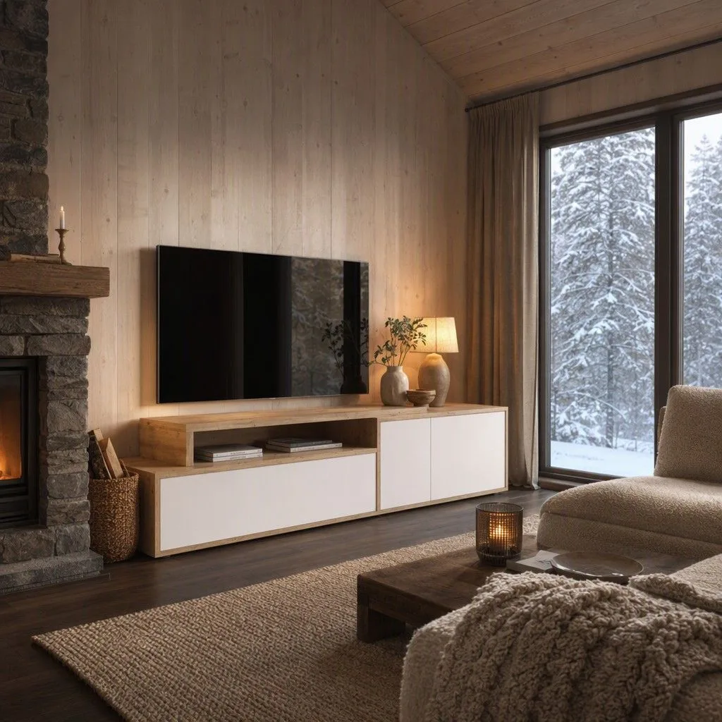 Mueble bajo tv 185 cm 185x47 roble claro y blanco