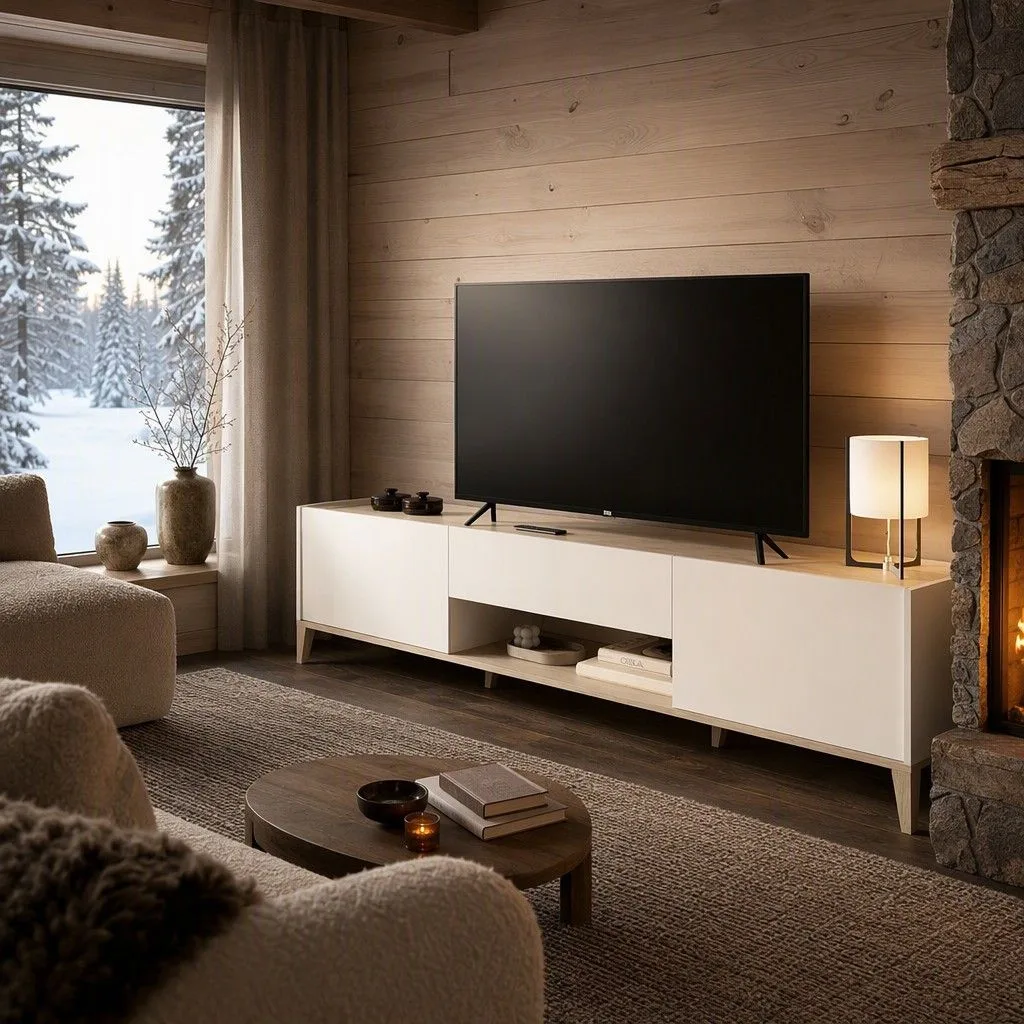 Mueble bajo tv 200 cm 196x50 blanco y natural