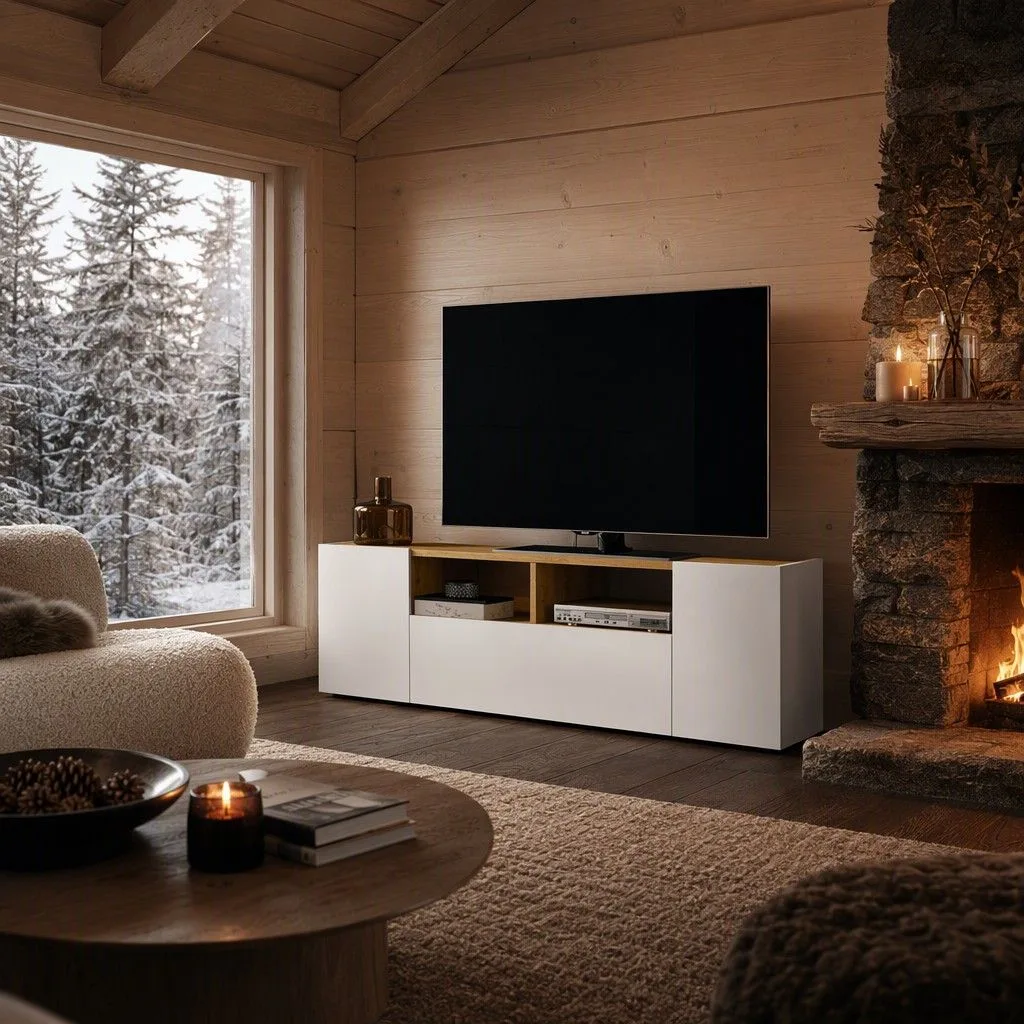Mueble bajo tv isola 142x44 blanco y roble claro