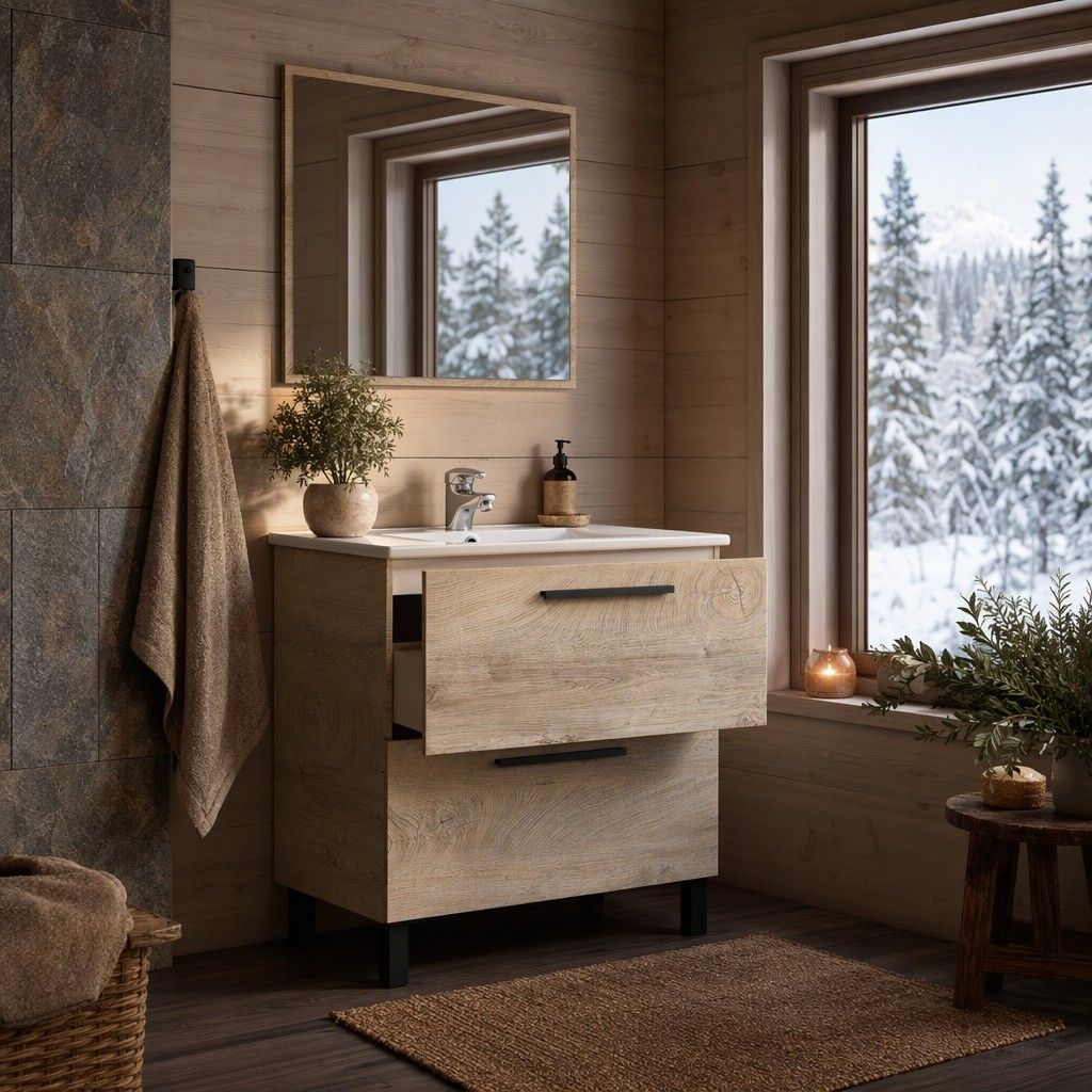 Mueble de baño Ragna 2 cajones con espejo roble 80 cm (lavabo no incluido)