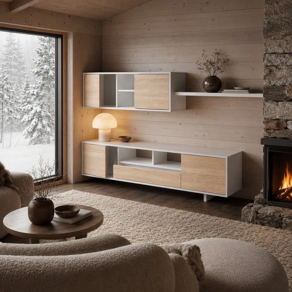 Mueble TV Jorid blanco brillo y roble nórdico 200 cm
