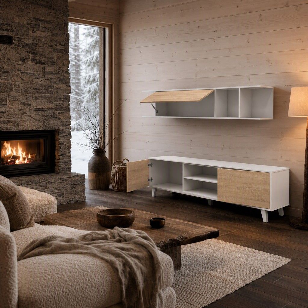 Mueble TV Viggo Blanco Brillo Roble 180 cm