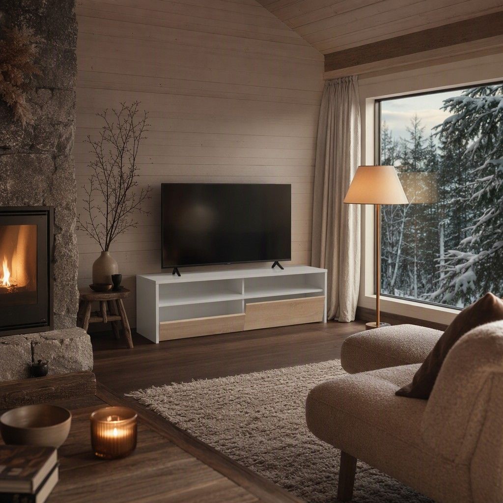 Mueble TV Viggo Blanco Nórdico y Roble Nórdico 130 cm