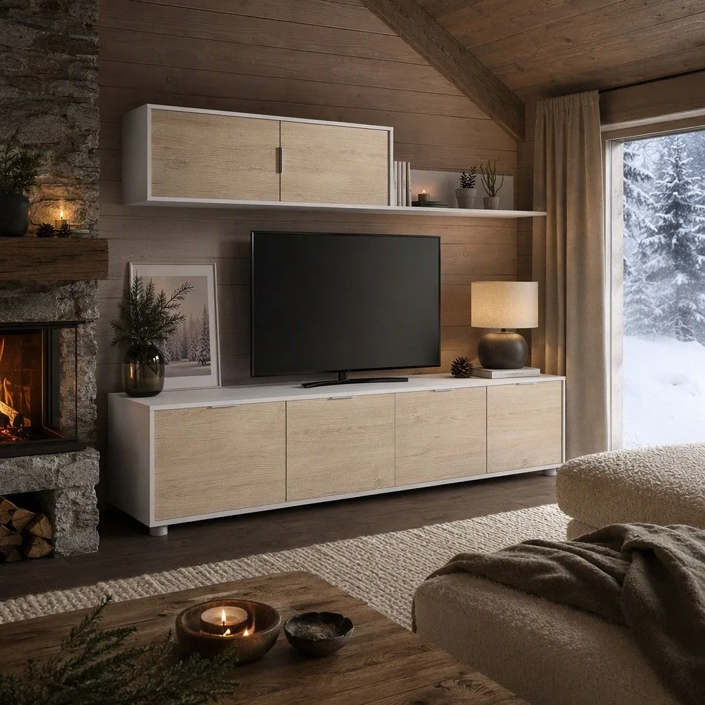 Salon compacto tv 200x43 blanco y natural