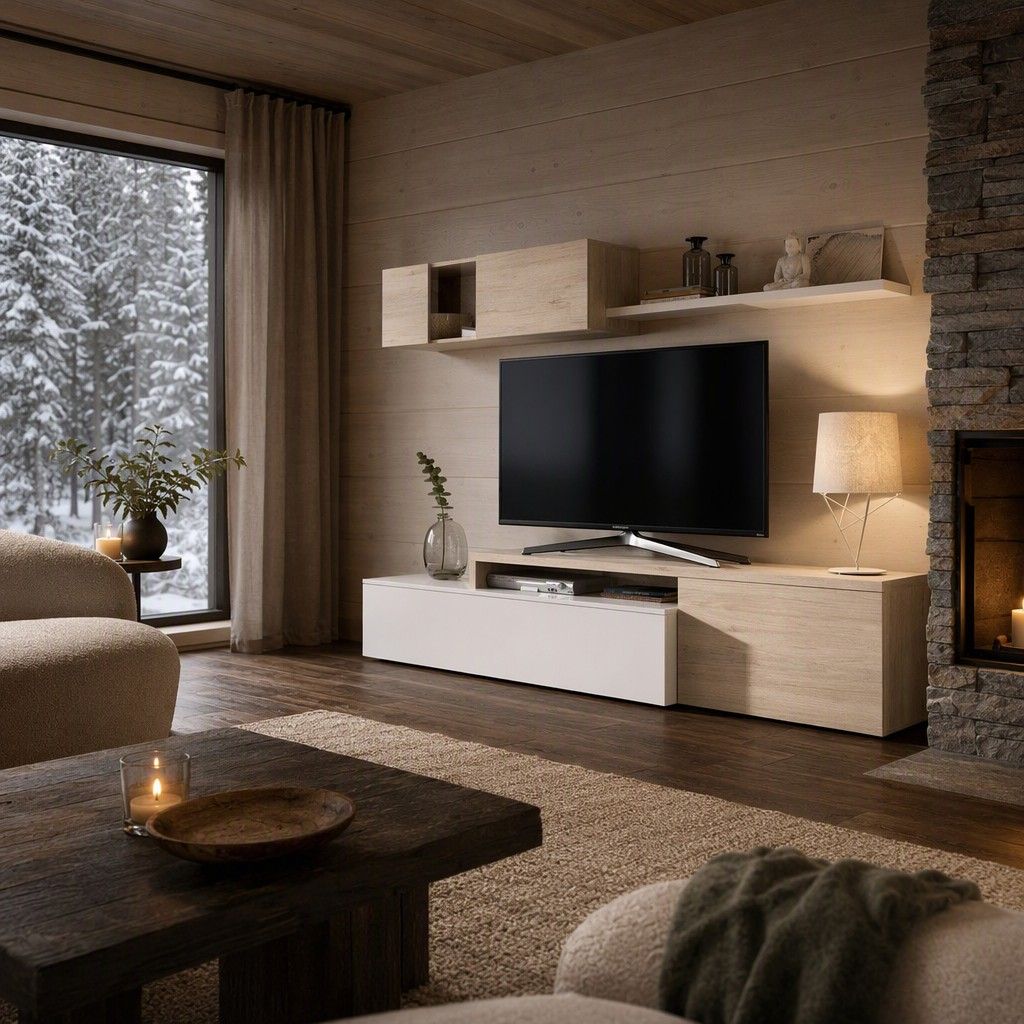 Salón tv compacto 201x180 blanco brillo y natural