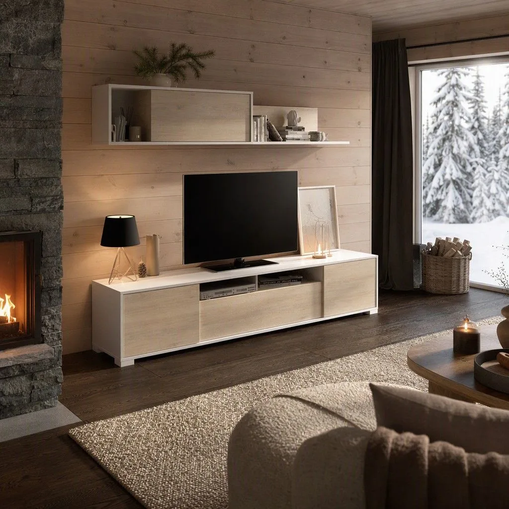 Salón tv con puertas y estante a pared 200x180 blanco brillo y natural